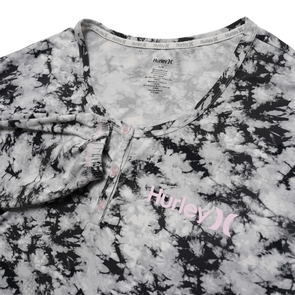 Hurley Henley Long Sleeve Women Large Black Gray White Tie Dye Logo Elastic Cuff